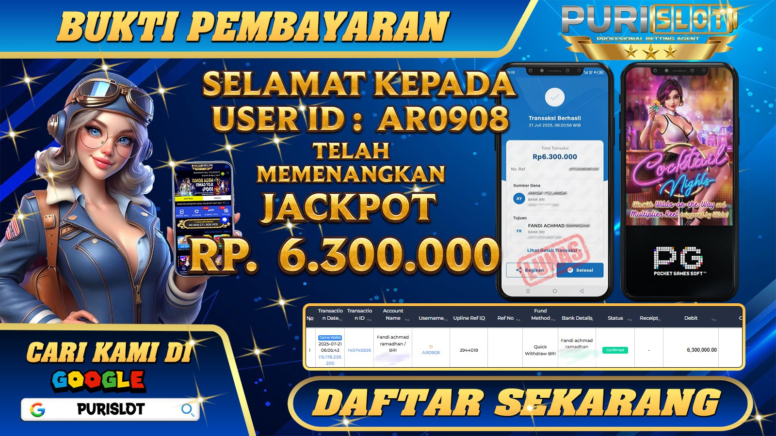 PURISLOT - KEMENANGAN MEMBER GAMES SLOT COCKTAIL NIGHTS PGSOFT Rp. 6.300.000, - LUNAS