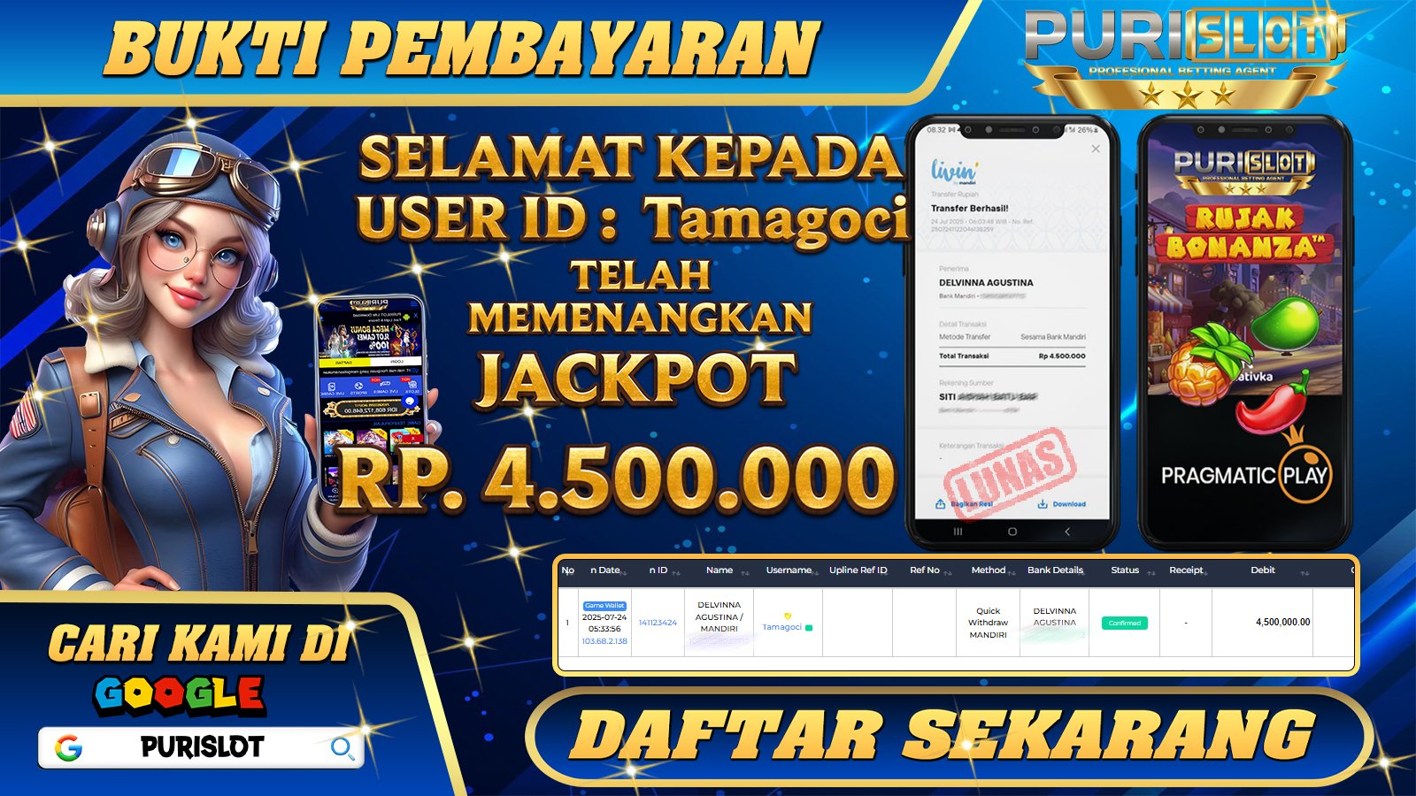 PURISLOT - KEMENANGAN MEMBER GAMES SLOT RUJAK BONANZA PRAGMATIC PLAY Rp. 4.500.000, - LUNAS