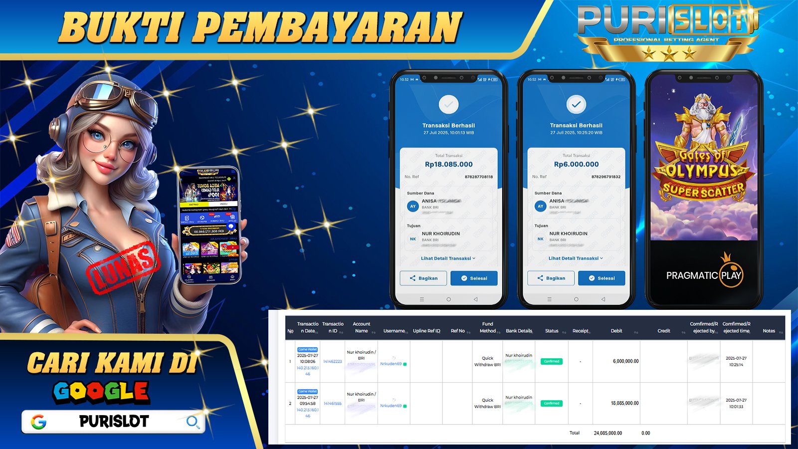 PURISLOT - KEMENANGAN MEMBER GAMES SLOT GATES OF OLYMPUS SUPER SCATTER PRAGMATIC PLAY Rp. 24.085.000, - LUNAS