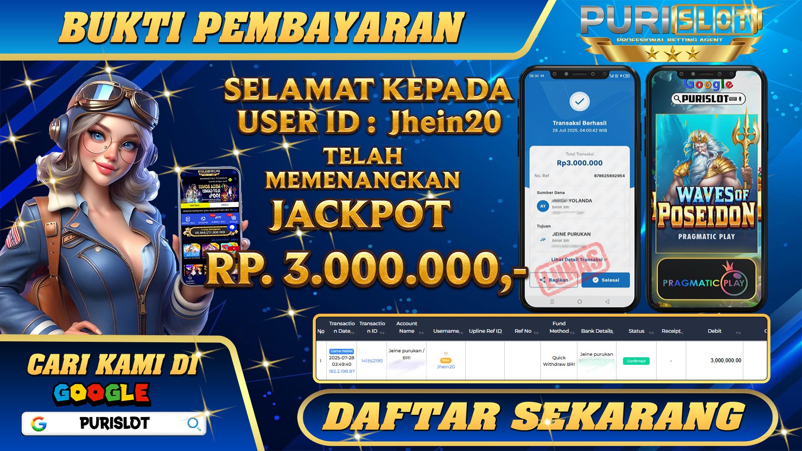 PURISLOT - KEMENANGAN MEMBER GAMES SLOT WAVES OF POSEIDON PRAGMATIC PLAY Rp. 3.000.000, - LUNAS