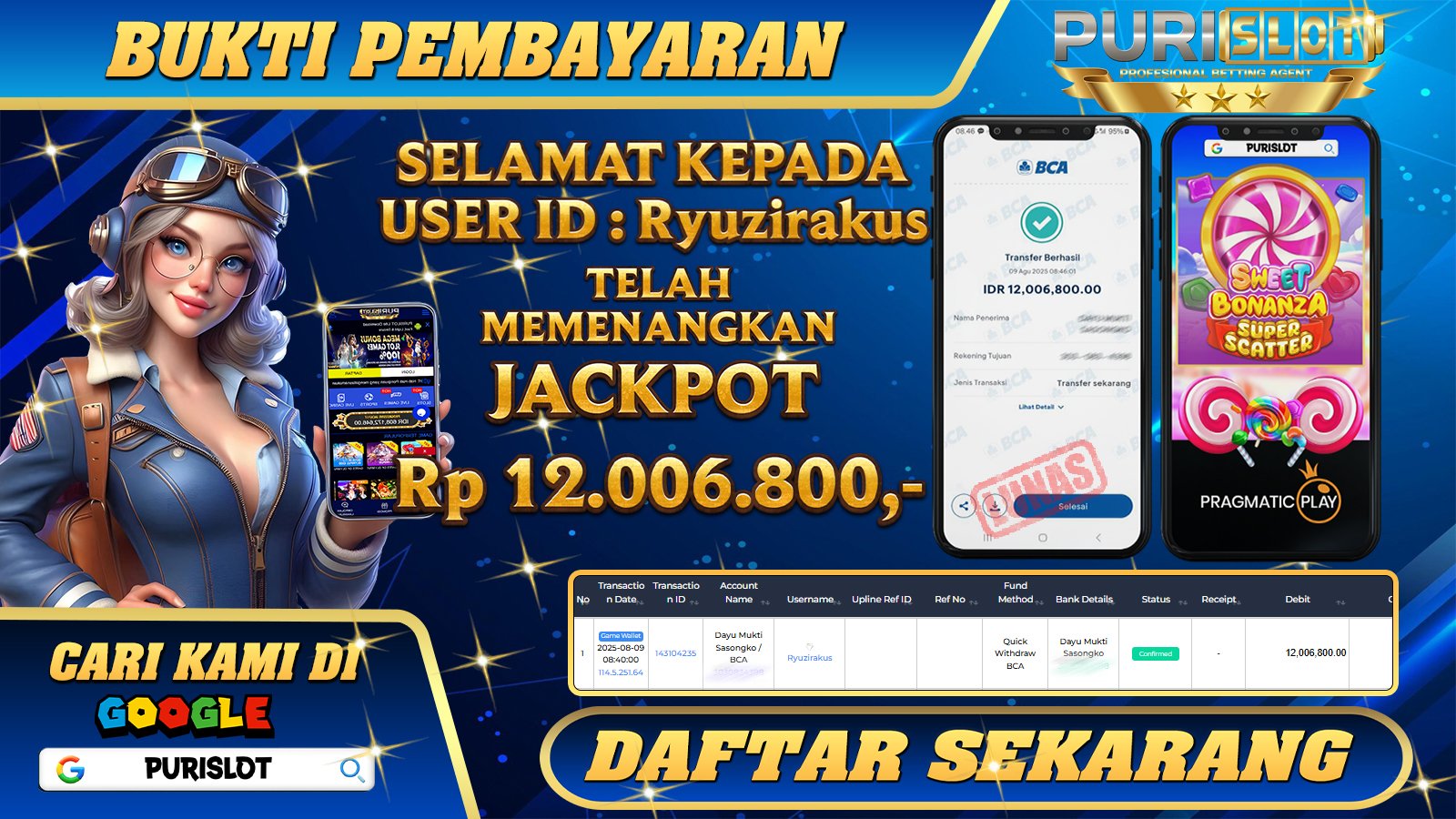 PURISLOT - KEMENANGAN MEMBER GAMES SLOT  SWEET BONANZA SUPER SCATTER PRAGMATIC PLAY Rp. 12.006.800, - LUNAS