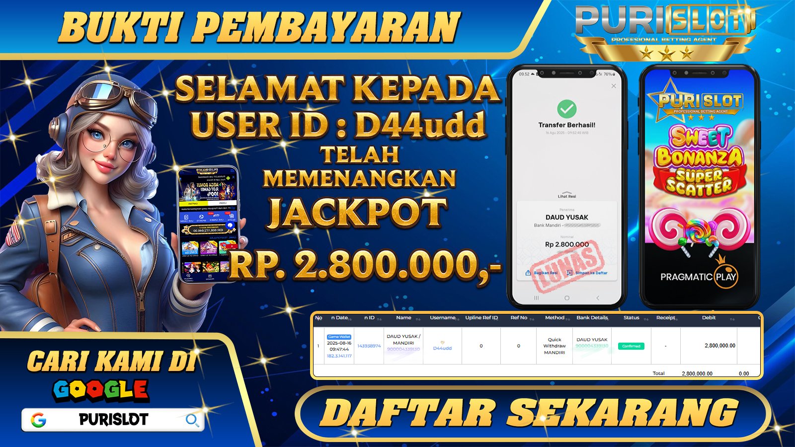 PURISLOT - KEMENANGAN MEMBER GAMES SLOT SWEET BONANZA SUPER SCATTER PRAGMATIC PLAY Rp. 2.800.000, - LUNAS