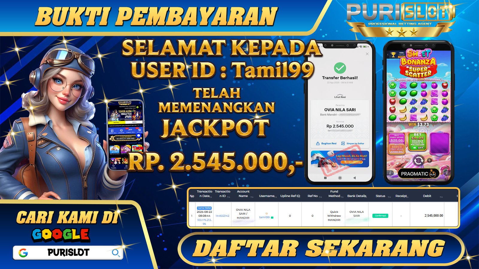 PURISLOT - KEMENANGAN MEMBER GAMES SLOT SWEET BONANZA SUPER SCATTER PRAGMATIC PLAY Rp. 2.545.000,- LUNAS