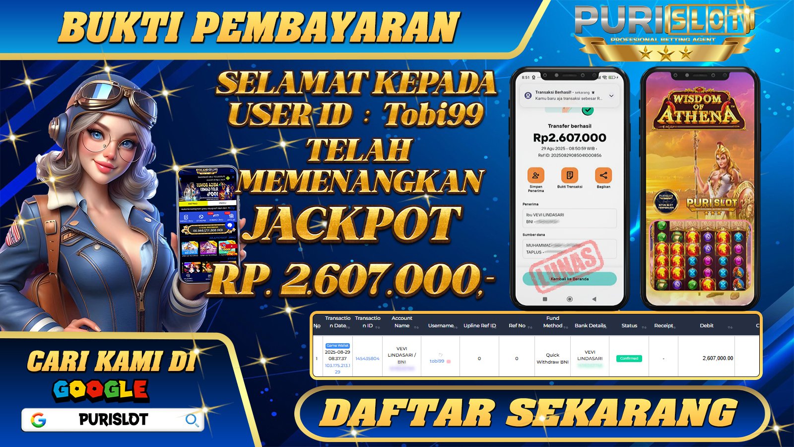 PURISLOT - KEMENANGAN MEMBER GAMES SLOT WISDOM OF ATHENA PRAGMATIC PLAY Rp. 2.607.000,- LUNAS