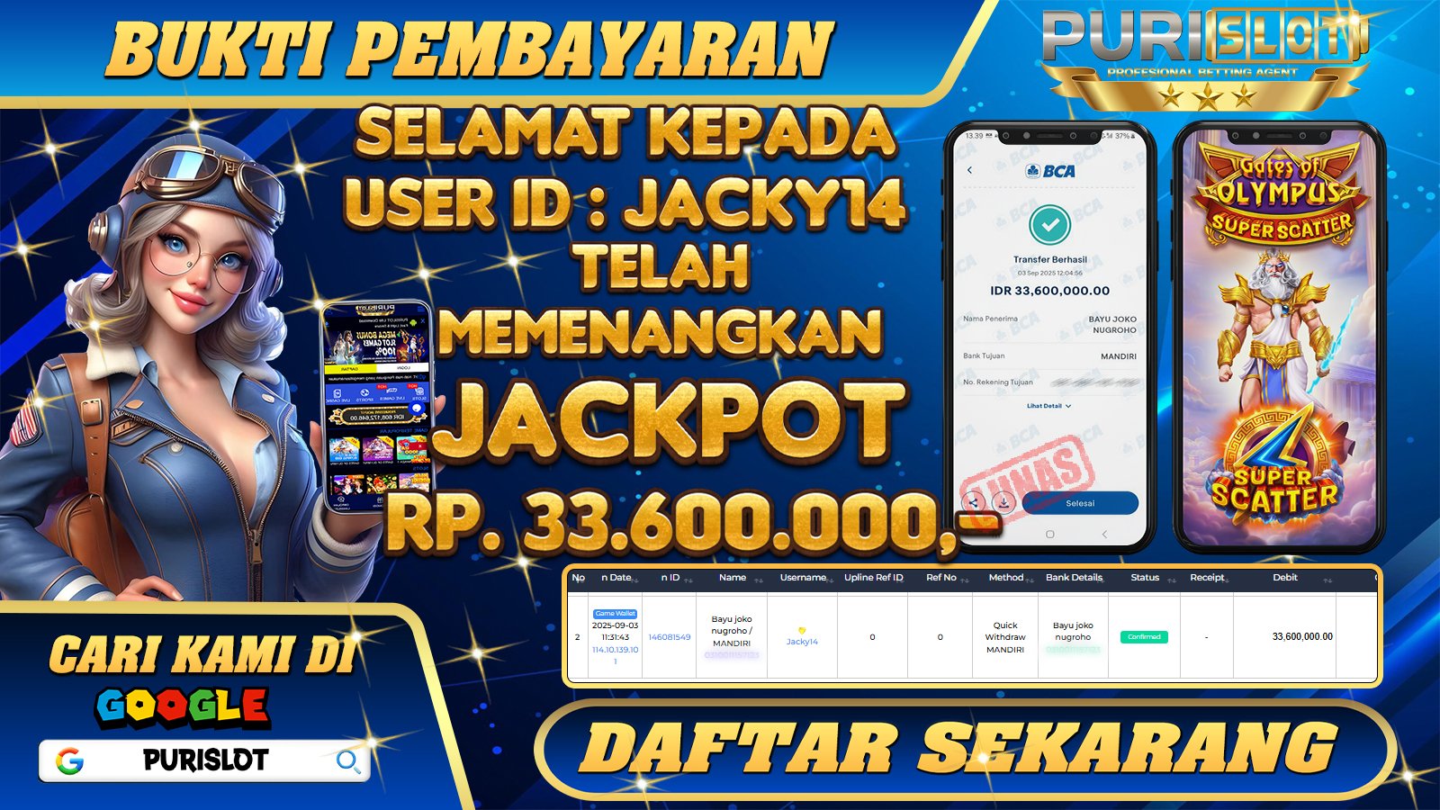 PURISLOT - KEMENANGAN MEMBER GAMES SLOT GATES OF OLYMPUS SUPER SCATTER PRAGMATIC PLAY Rp. 33.600.000,- LUNAS