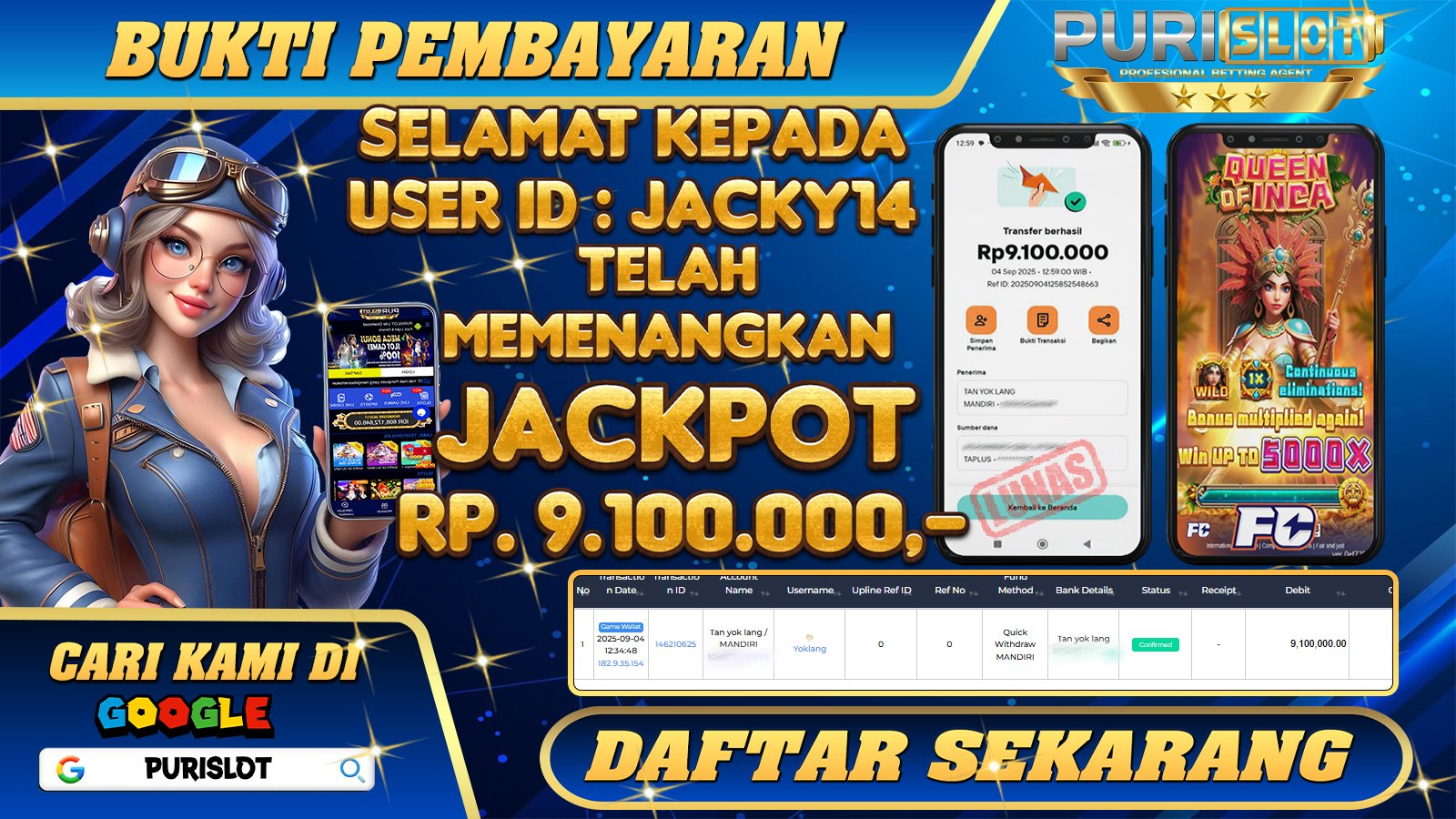 PURISLOT - KEMENANGAN MEMBER GAMES SLOT QUEEN OF INCA FA CHAI Rp. 9.100.000,- LUNAS