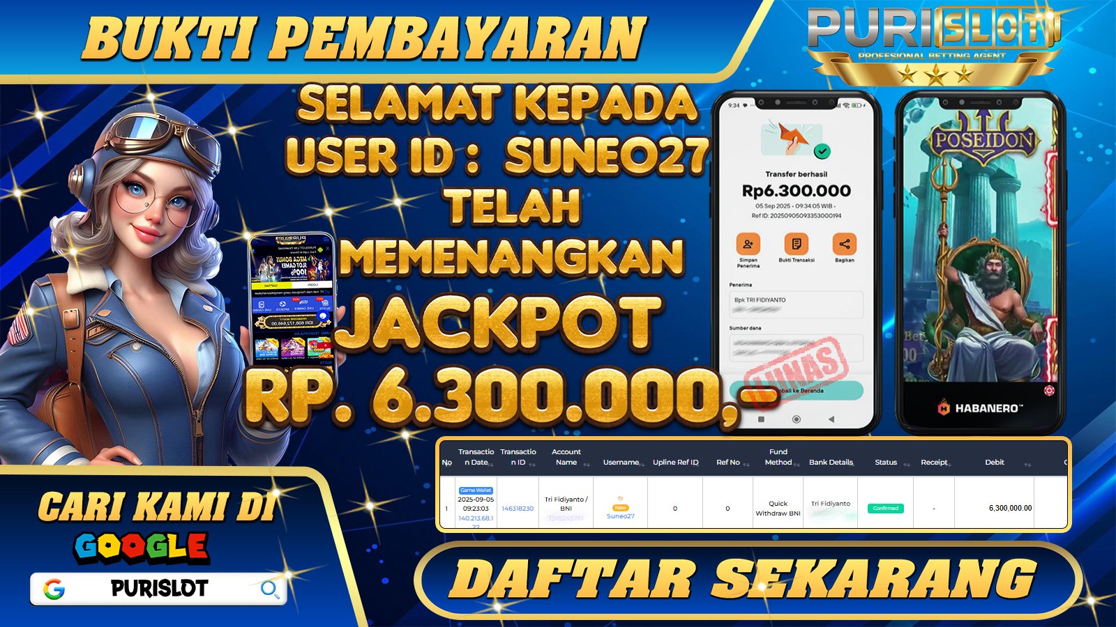 PURISLOT - KEMENANGAN MEMBER GAMES SLOT POSEIDON HABANERO Rp. 6.300.000,- LUNAS