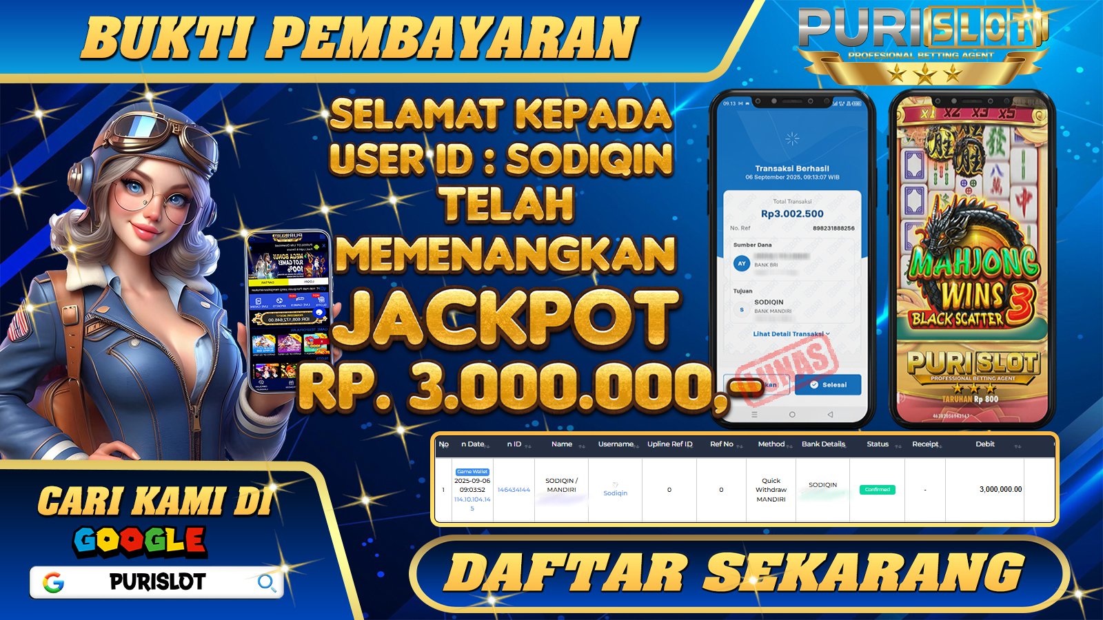 PURISLOT - KEMENANGAN MEMBER GAMES SLOT MAHJONG WINS3 SCATTER HITAM PRAGMATIC PLAY Rp. 3.000.000,- LUNAS