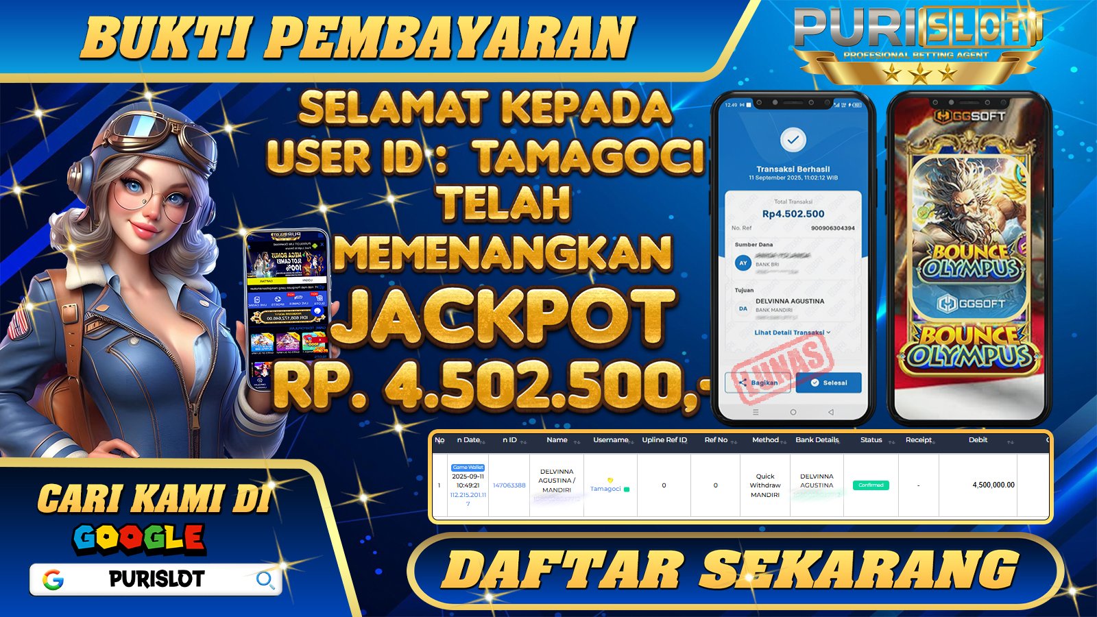 PURISLOT - KEMENANGAN MEMBER GAMES SLOT BOUNCE OLYMPUS GGSOFT Rp. 4.502.500,- LUNAS