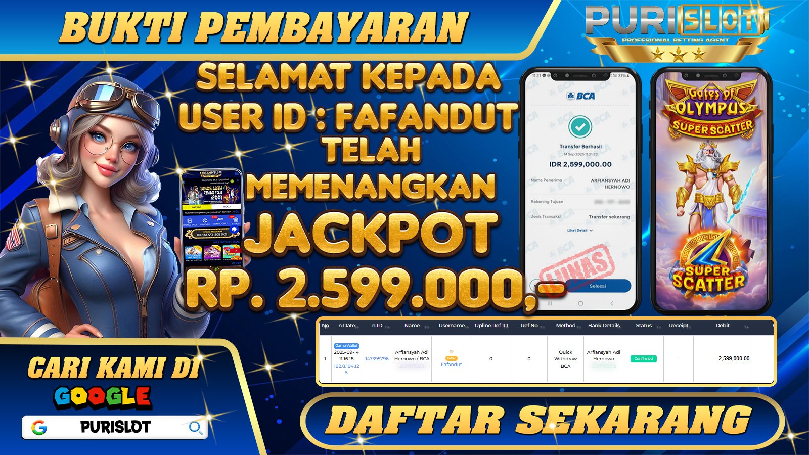 PURISLOT - KEMENANGAN MEMBER GAMES SLOT GATES OF OLYMPUS SUPER SCATTER PRAGMATIC PLAY Rp. 2.599.000,- LUNAS