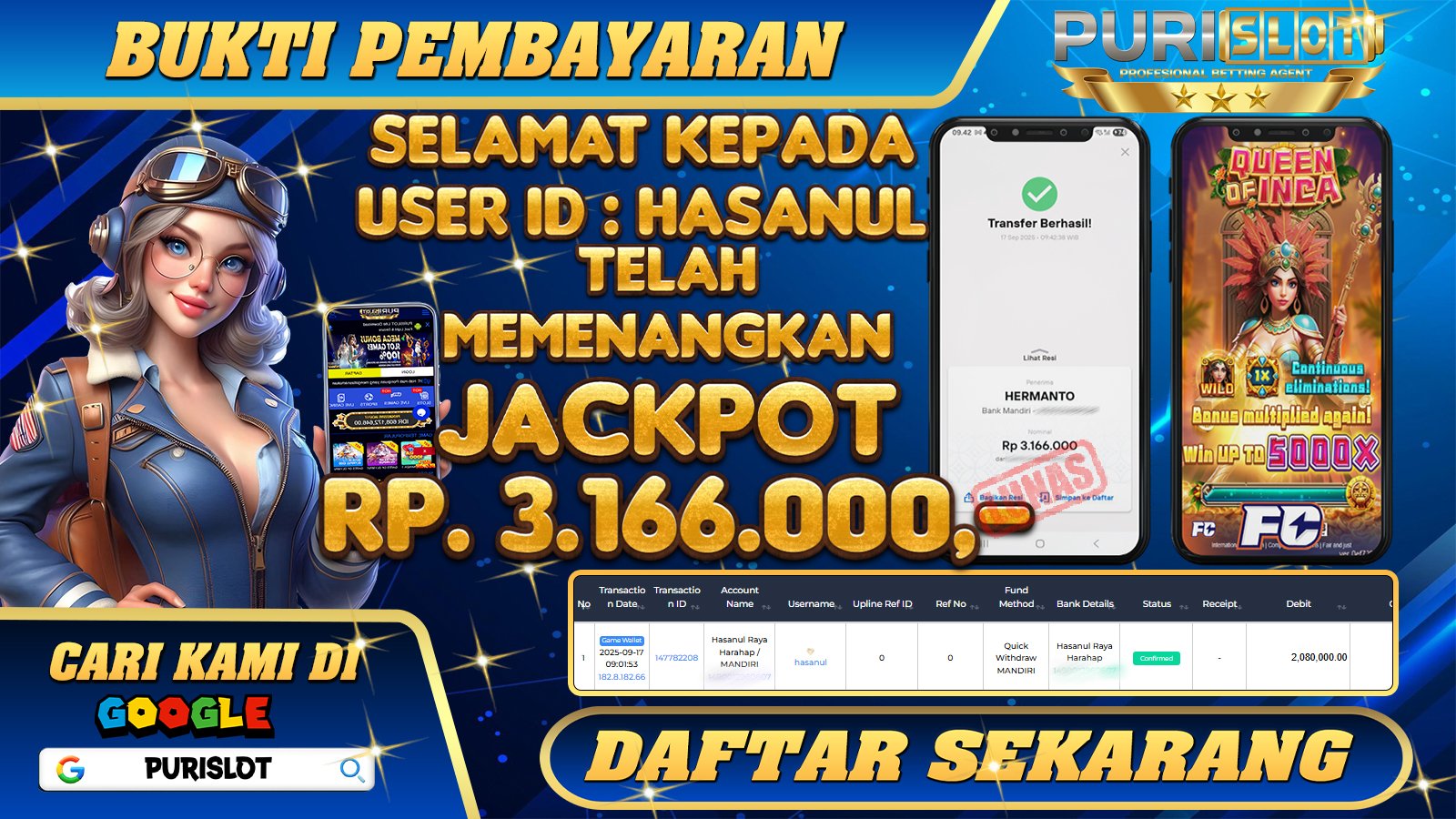 PURISLOT - KEMENANGAN MEMBER GAMES SLOT QUEEN OF INCA PROVIDE FACHAI Rp. 3.166.000,- LUNAS