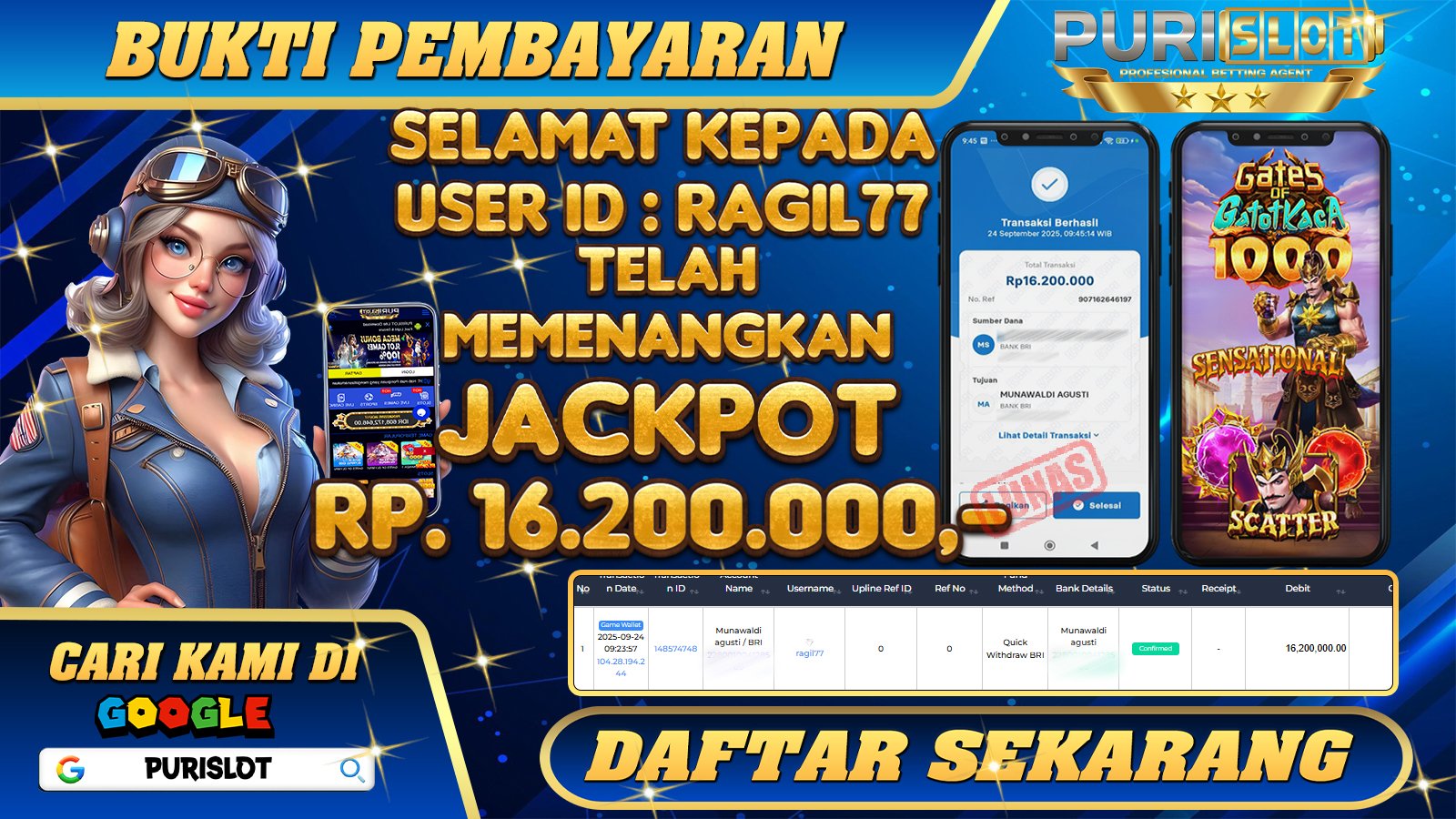 PURISLOT - KEMENANGAN MEMBER GAMES SLOT GATES OF GATOT KACA PRAGMATIC PLAY Rp. 16.200.000,- LUNAS