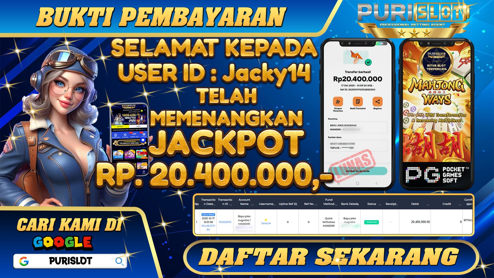 PURISLOT - KEMENANGAN MEMBER GAMES SLOT MAHJONG WAYS PGSOFT Rp. 20,400,000,- LUNAS
