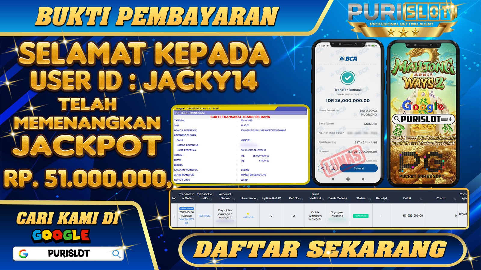 PURISLOT - KEMENANGAN MEMBER GAMES SLOT MAHJONG WAYS 2 PGSOFT Rp. 51.000.000,- LUNAS