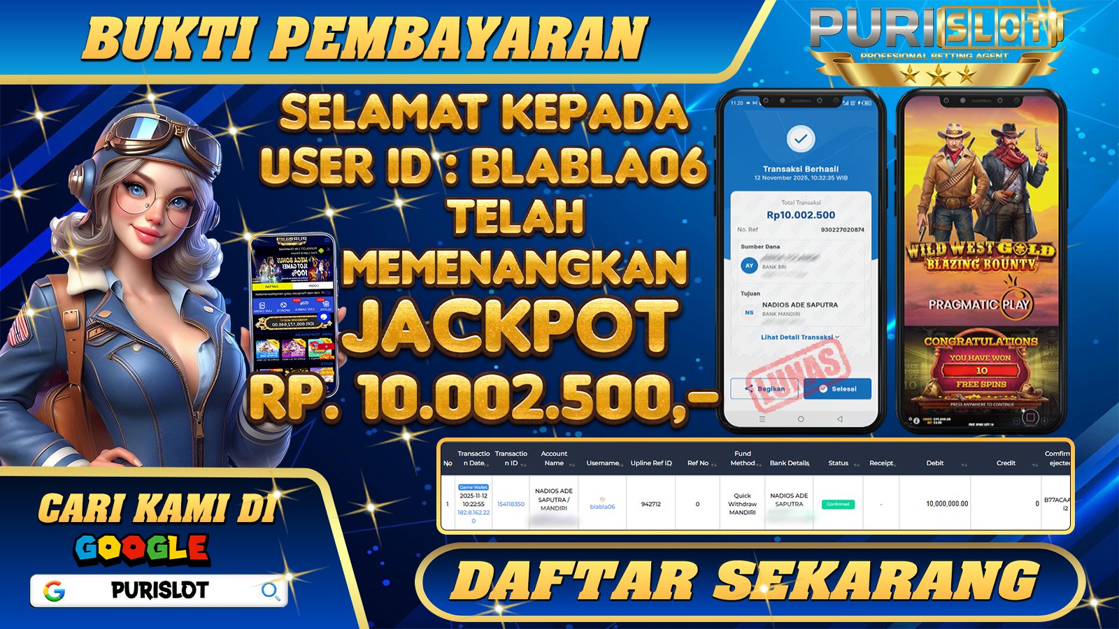 PURISLOT - KEMENANGAN MEMBER GAMES SLOT WILD BOUNTY SHOWDOWN PGSOFT Rp. 10.002.500,- LUNAS