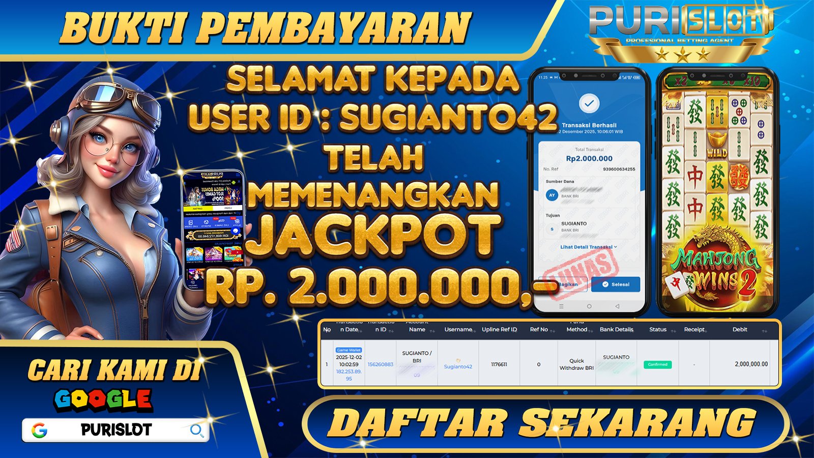 PURISLOT - KEMENANGAN MEMBER GAMES SLOT MAHJONG WINS2 PRAGMATIC PLAY Rp. 2.000.000-,- LUNAS