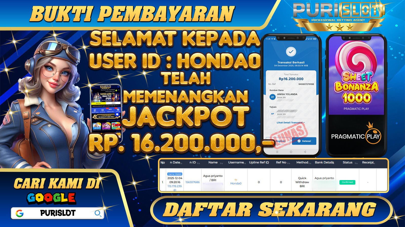 PURISLOT - KEMENANGAN MEMBER GAMES SLOT SWEET BONANZA 1000 PRAGMATIC PLAY Rp. 16.200.000,- LUNAS