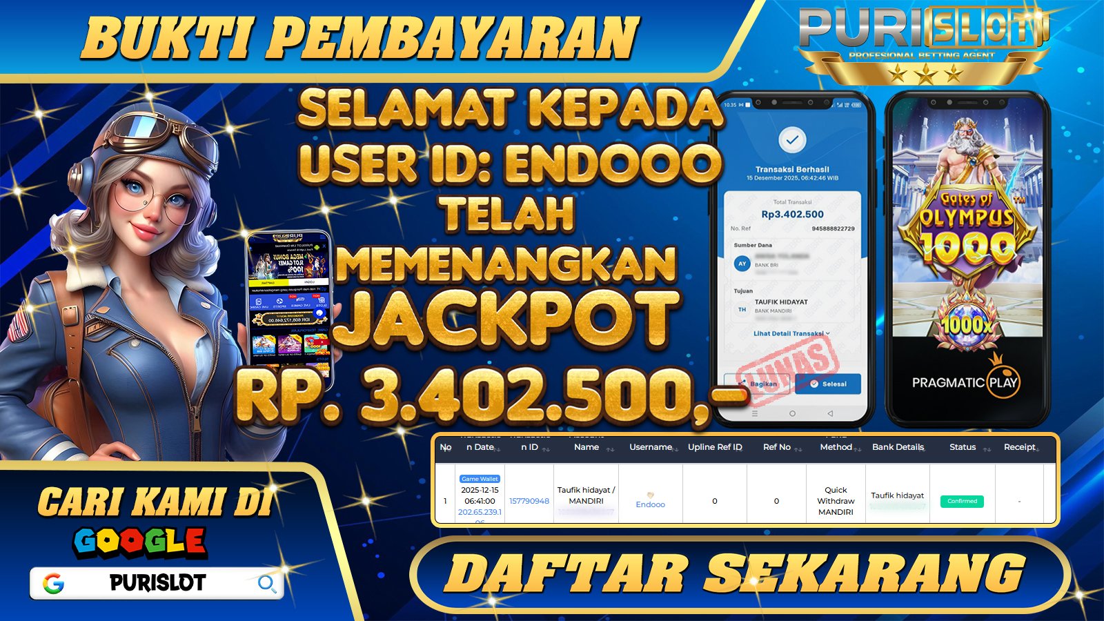 PURISLOT - KEMENANGAN MEMBER GAMES SLOT GATES OF OLYMPUS 1000 PRAGMATIC PLAY Rp. 3.402.500,- LUNAS