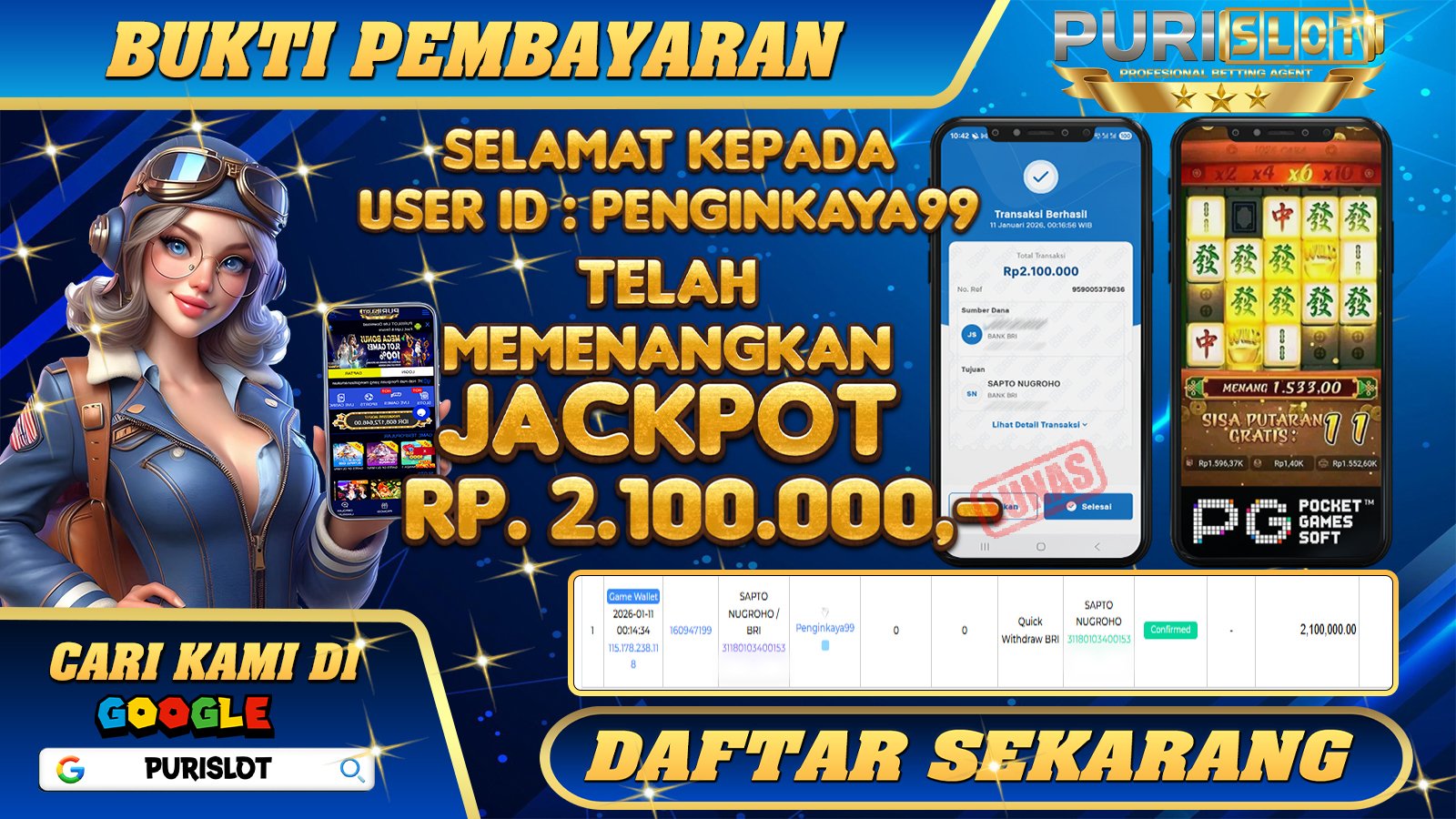 PURISLOT - KEMENANGAN MEMBER GAMES SLOT MAHJONG WAYS PGSOFT Rp. 2.100.000,- LUNAS