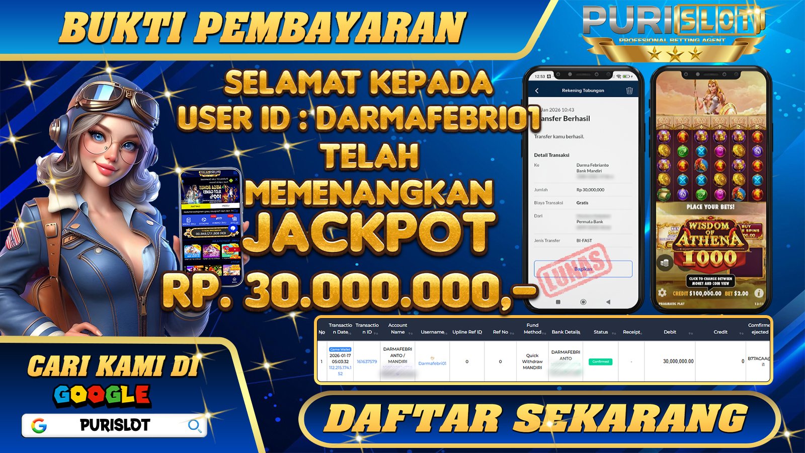 PURISLOT - KEMENANGAN MEMBER GAMES SLOT WISDOM OF ATHENA PRAGMATIC PLAY Rp. 30.000.000,- LUNAS