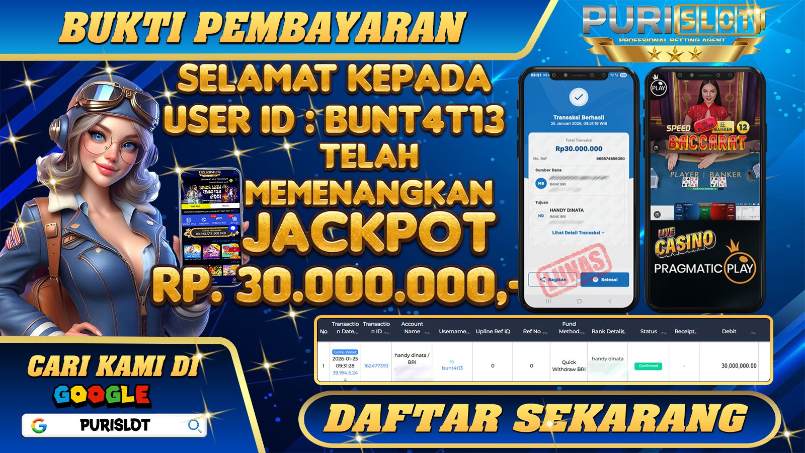 PURISLOT - KEMENANGAN MEMBER GAMES LIVE CASINO BACCARAT PRAGMATIC PLAY  Rp.30.000.000,- LUNAS