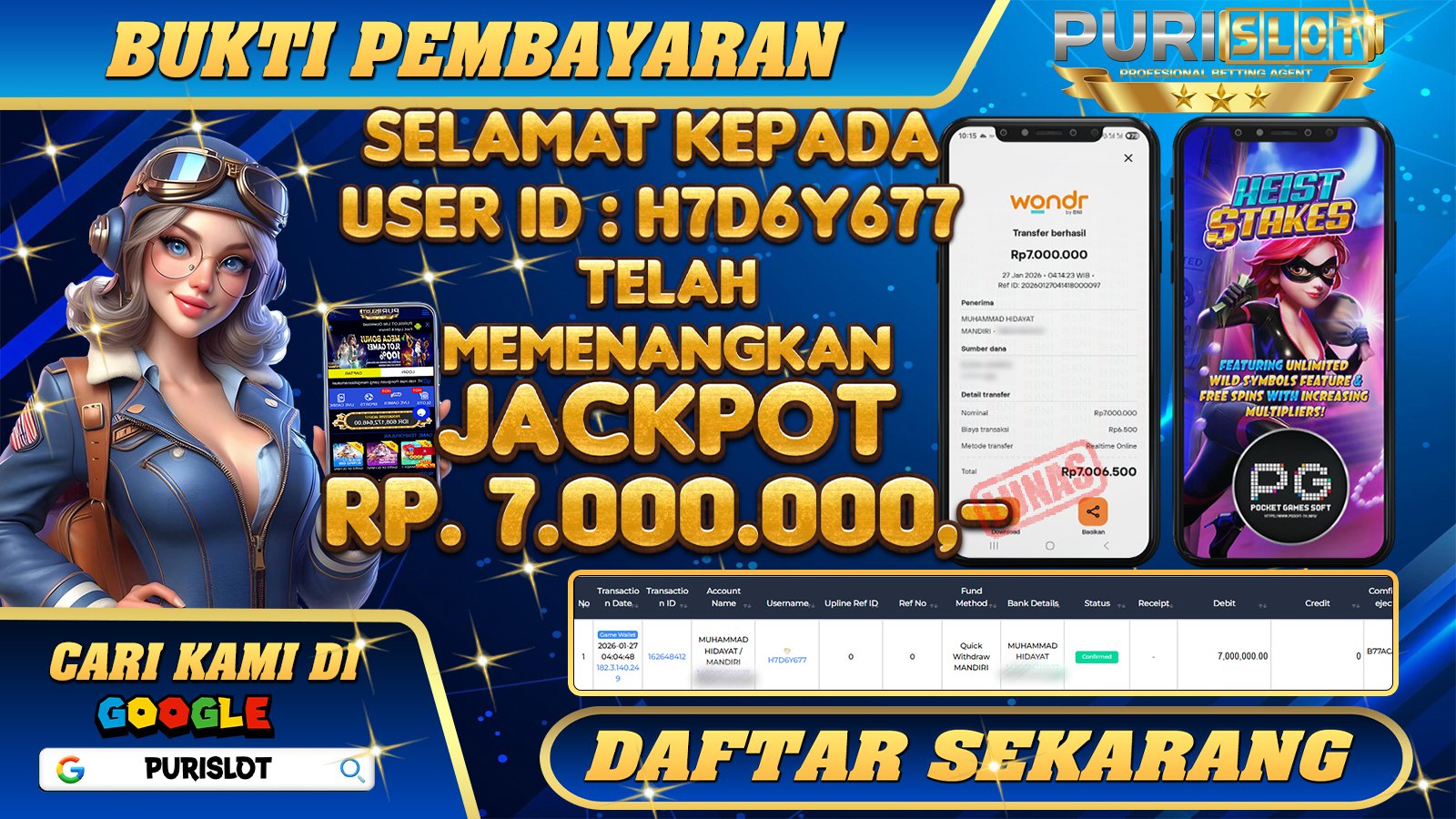 PURISLOT - KEMENANGAN MEMBER GAMES SLOT HEIST STAKE PGSOFT Rp.7.000.000,- LUNAS