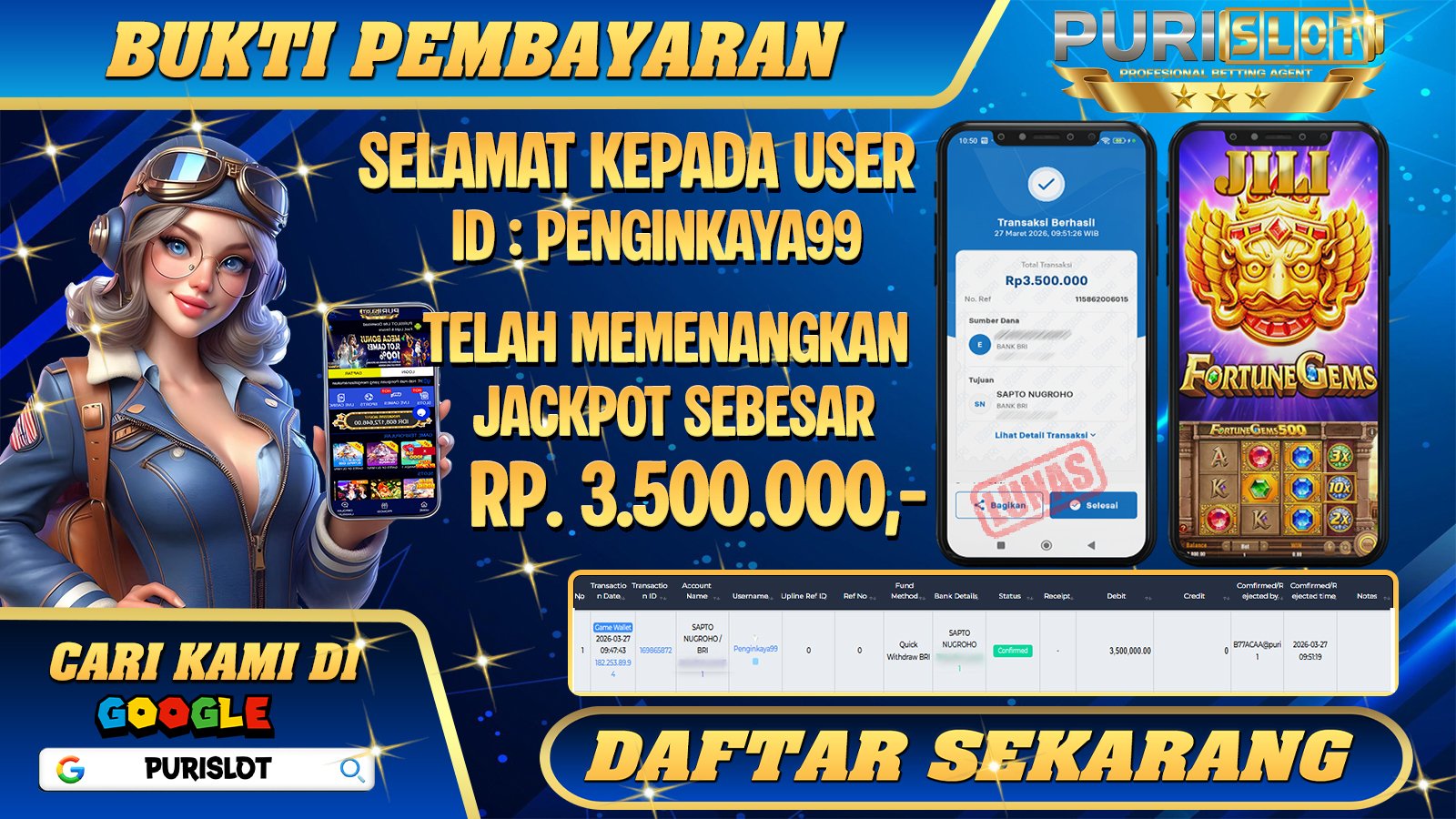PURISLOT - KEMENANGAN MEMBER GAMES SLOT FORTUNE GEMS 500 JILI Rp.3.500.000,- LUNAS