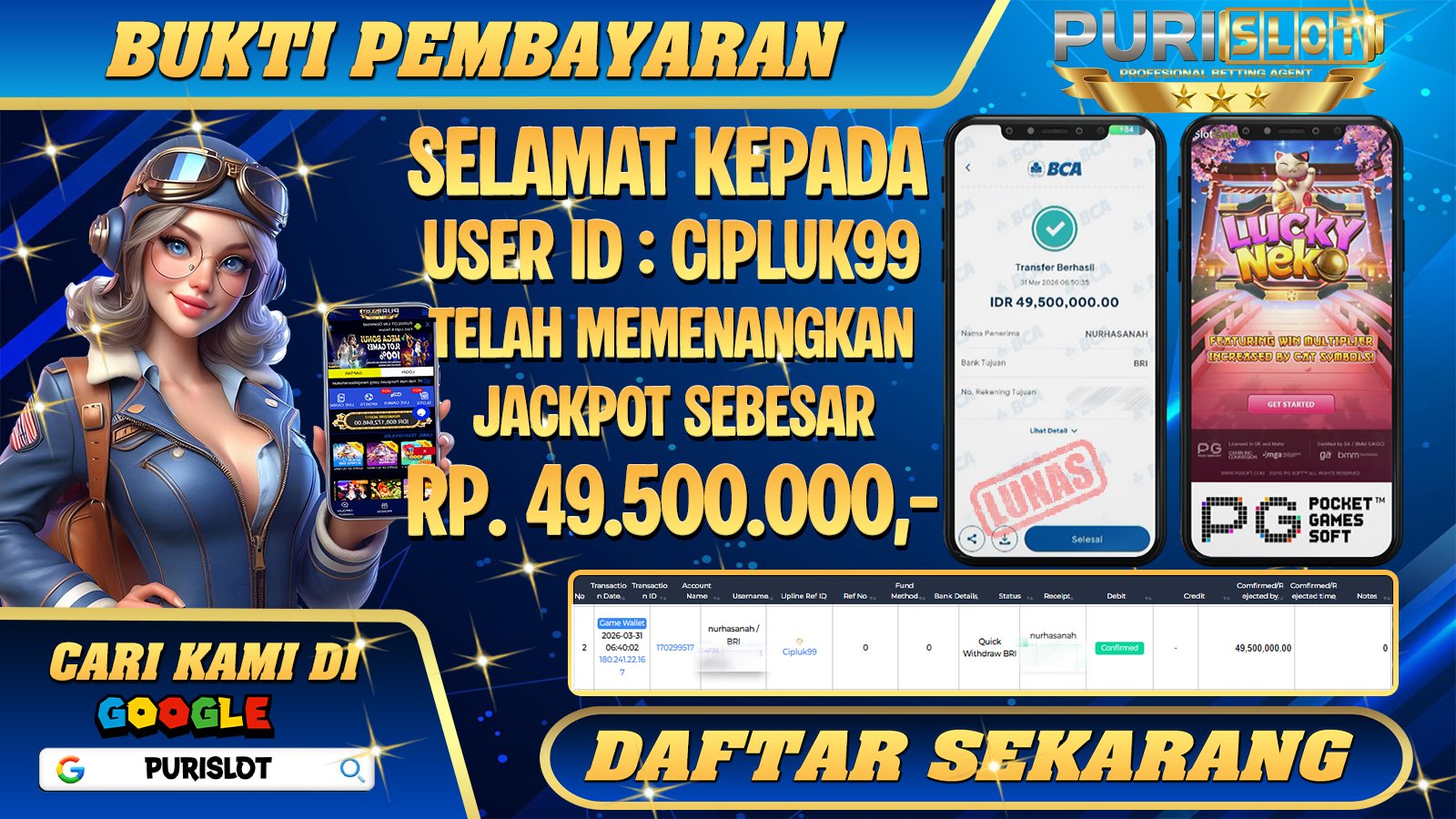 PURISLOT - KEMENANGAN MEMBER GAMES SLOT LUCKY NEKO PGSOFT Rp. 49.500.000, - LUNAS