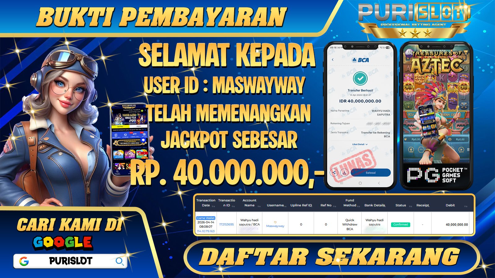 PURISLOT - KEMENANGAN MEMBER GAMES SLOT TREASURE AZTEC PGSFOT Rp.40.000.000,- LUNAS