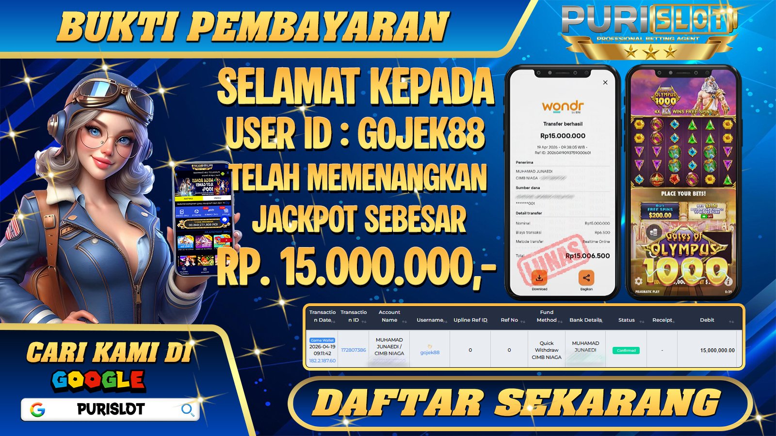 PURISLOT - KEMENANGAN MEMBER GAMES SLOT GATES OF OLYMPUS 1000 PRAGMATIC PLAY Rp. 15.000.000,- LUNAS