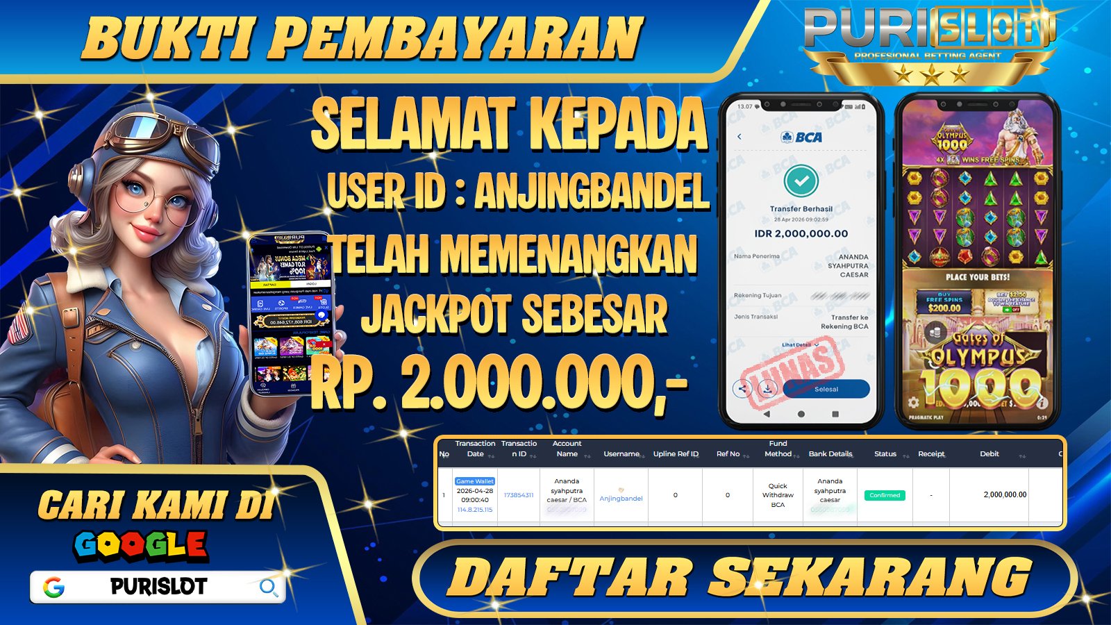 PURISLOT - KEMENANGAN MEMBER GAMES SLOT GATES OF OLYMPUS 1000 PRAGMATIC PLAY Rp.2.000.000,- LUNAS