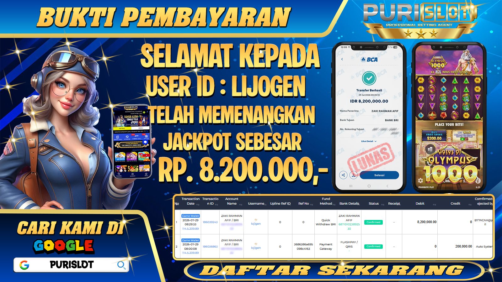 PURISLOT - KEMENANGAN MEMBER GAMES SLOT GATES OF OLYMPUS 1000 PRAGMATIC PLAY Rp.8.200.000,- LUNAS